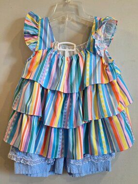 Rainbow Stripe Tiered Ruffle Tunic & Lace Trim Shorts 6Y